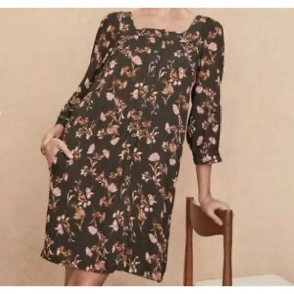 Garnet Hill Jardin Crepe Mini Dress Size XS Brown Floral Fall Boho - Picture 1 of 11